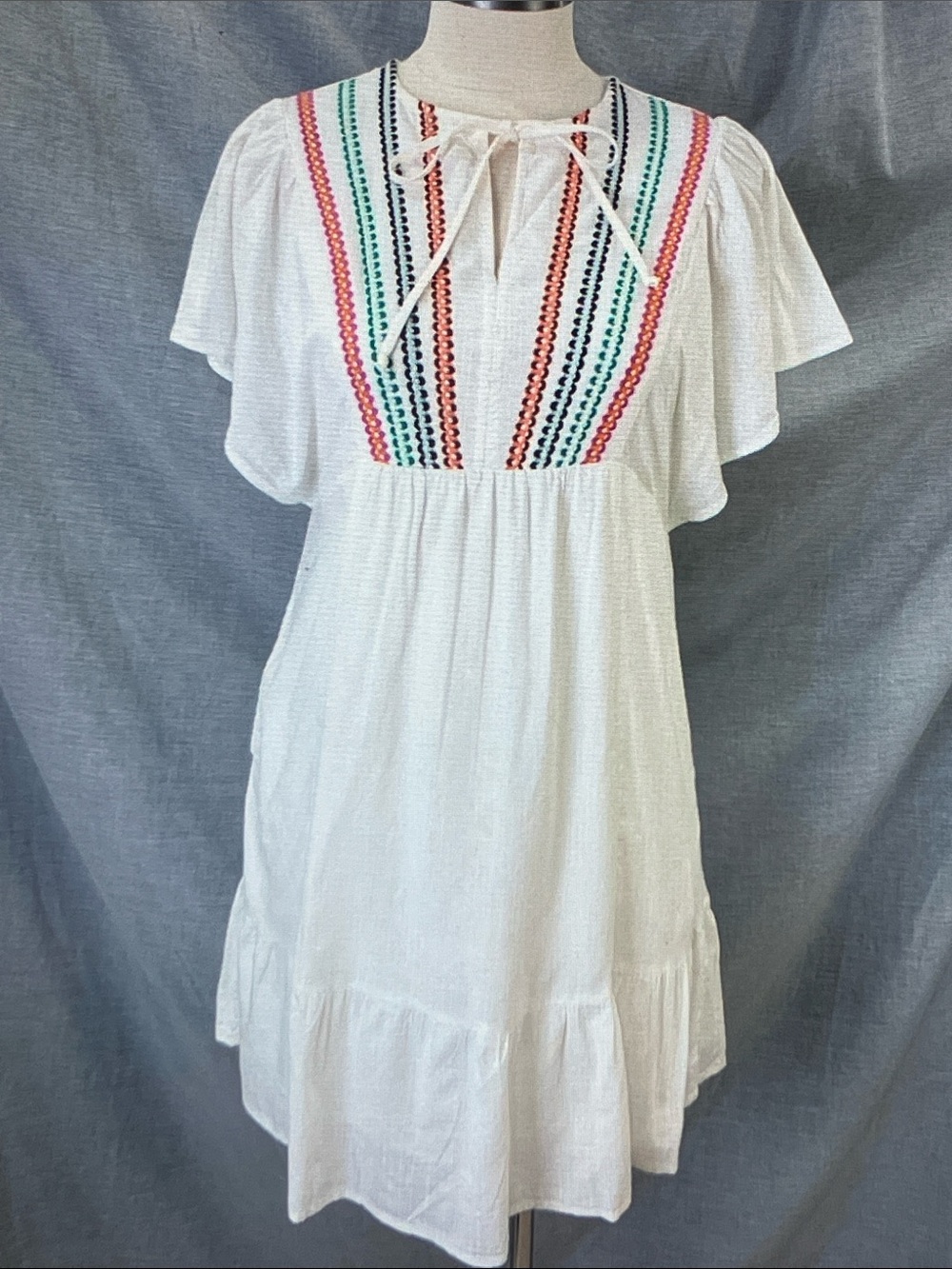 Knox Rose White Mini Dress with Multicolor Embroidered Yoke